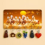 Kaviart Wooden Wall Key Holder with 7 Horses Vastu Painting | Stylish Key Stand & Key Hanger for Home Decor 6 Hooks