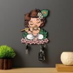 Kaviart Wooden Key Holder for Wall Decor | Krishna Design Key Stand with 7 Hooks | Decorative Wall Hanging Organizer for Home & Office use (Pink)