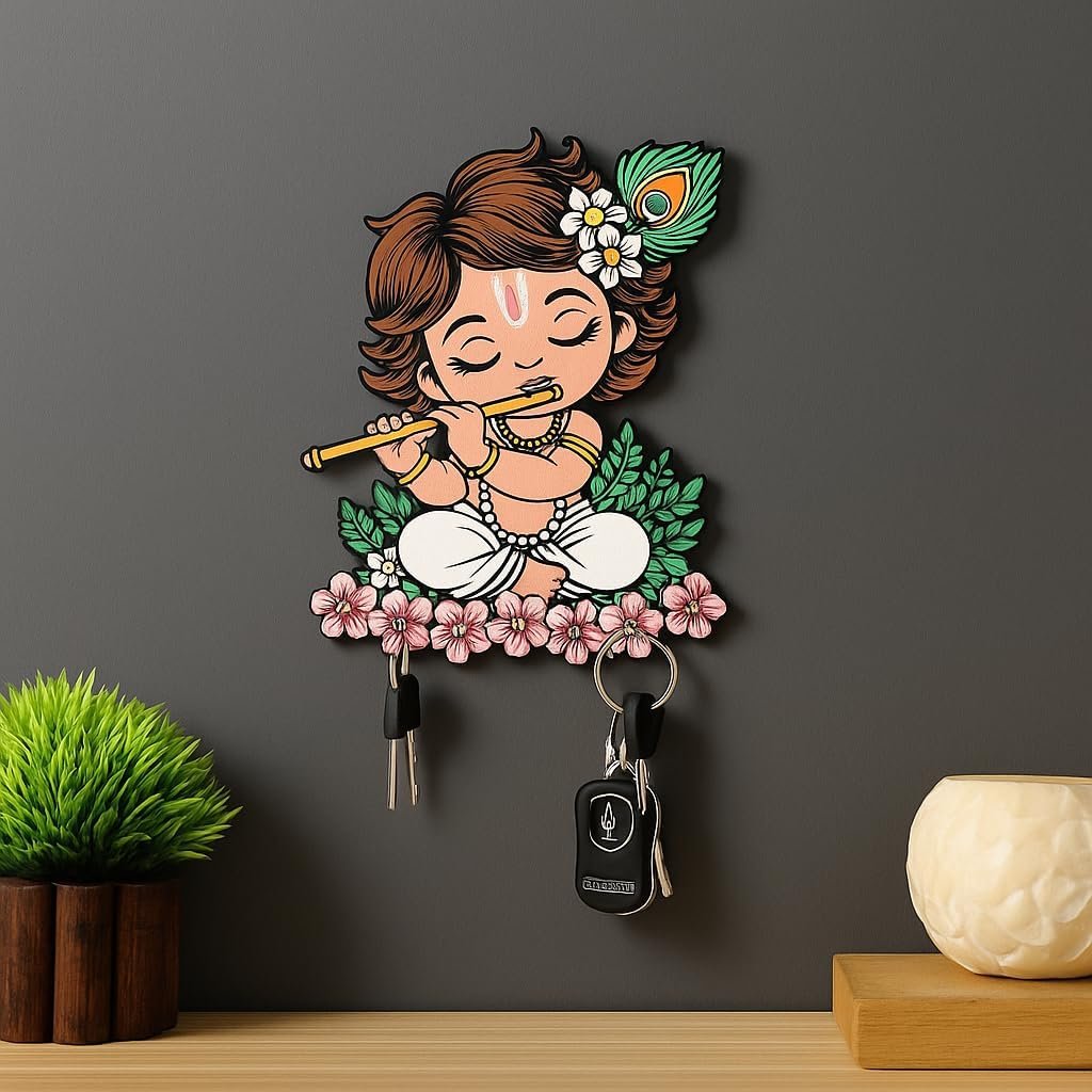 1 Kaviart Wooden Key Holder for Wall Decor | Krishna Design Key Stand with 7 Hooks | Decorative Wall Hanging Organizer for Home & Office use (Pink) - Image 1