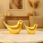 Kaviart Golden Ceramic Birds Figurine Set | Luxury Home Décor Showpiece for Living Room, Bedroom, Office & Table Decoration | Elegant Love Birds Statue Gift (Set of 2)