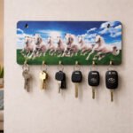 Kaviart Wooden Wall Key Holder with 7 Horses Vastu Painting | Stylish Key Stand & Key Hanger for Home Decor 6 Hooks (Blue)