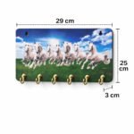 Kaviart Wooden Wall Key Holder with 7 Horses Vastu Painting | Stylish Key Stand & Key Hanger for Home Decor 6 Hooks (Blue) - Image 2