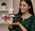 Kaviart Resin White Rabbit with Basket Showpiece | 14 cm Height Decorative Figurine for Home Decor, Garden, Living Room & Gifting,