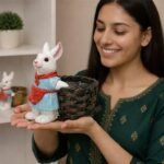 Kaviart Resin White Rabbit with Basket Showpiece | 14 cm Height Decorative Figurine for Home Decor, Garden, Living Room & Gifting,