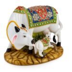 KAVIART Resin Kamdhenu Cow with Calf Idol for Mandir & Pooja Room | Vastu Sacred Statue | Religious Home & Temple Décor Gift